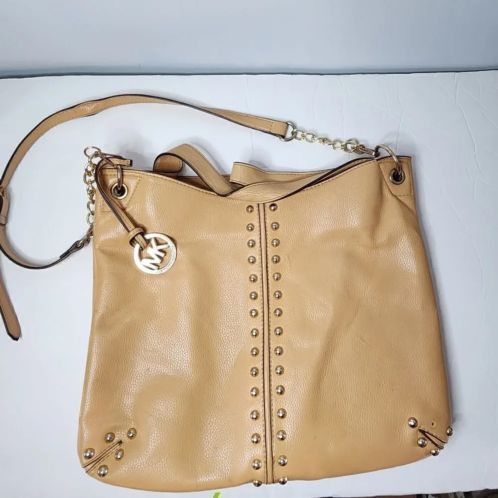 Large Michael Kors Uptown Astor Gold Accent Shoulder Tote Cross Body Purse Brow